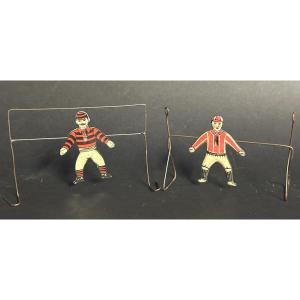 Vintage 1930s Tinplate Football Toy Set Of Two Goalkeepers, Lithographed, Museum Collection