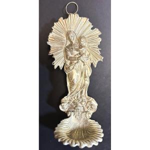 Antique 19th-century Holy Water Font In Bronze And Brass, Virgin Mary, Jesus And Angels 