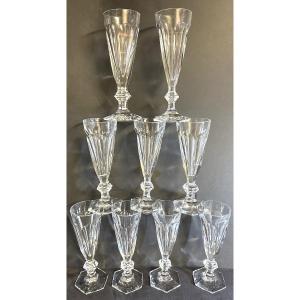 Baccarat 9 Crystal Champagne Flutes, Harcourt Model 1841, Signed. In Very Good Condition. 