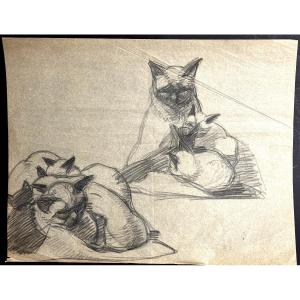 Helene Vogt 1902-1994 Nancy Large Charcoal Drawing Cats And Kittens Art Deco Signed Cat Cat /4