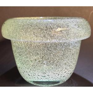 Daum Nancy Very Thick Vase 1930 In Bubbly Light Green Glass Signed, In Very Good Condition