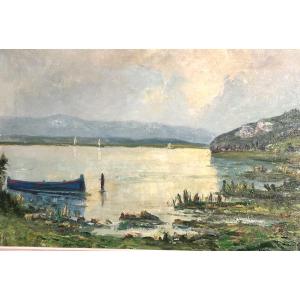 Paul Jouvet 1892-1981, Oil Painting Lake Annecy With Boat And Sailboats, Haute-savoie, Alps