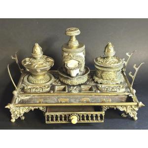 Rare 19th-century Bronze And Porcelain Leon Inkwell On Casters, Desk Set