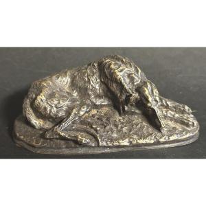 Pierre Jules Mène Bronze Greyhound Lying Down Dog Sculpture 19th Century, Signed