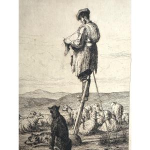 Armand Queyroy 1830-1893 In The Landes 1863 Etching Of Stilts