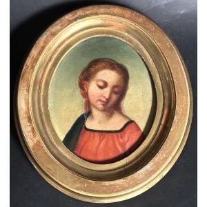 19th-century Oil Painting Of The Madonna In A Red Robe In Its Oval Frame 