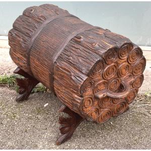 Black Forest Swiss Carved Wood Chest, 19th Century, Trompe-l'œil Style, Bar Or Firewood Storage, Brienz 