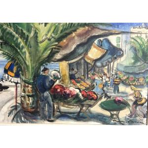 Flower Market In Provence, Oil Painting Signed (?), Art Deco Period