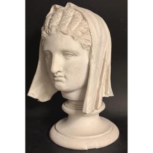 Large Plaster Bust Of Beatrice, 19th Century, After Antonio Canova, Plaster On A Studio Pedestal