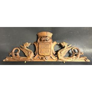 Aubenasardèche 19th-century Sculpted Pediment With Coat Of Arms And Winged Griffins, 78cm. 07 