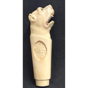 19th Century Dog-shaped Collectible Walking Stick Handle With Glass Eyes