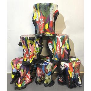Bär And Knell Rare Set Of 6 Design Chairs In Recycled Resin, Signed Stools 
