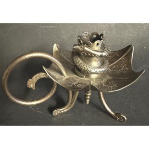 Curious Wrought Iron Candlestick 19th Or 18th Century, Depicting A Serpent And Rooster's Head. 