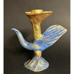 Pierre Casenove Candlestick In Gilt Bronze And Blue Patina. Signed "bird Fondica"