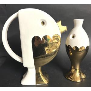Vincent Darré 20th Century Fish Carafe And Bird Pitcher Monoprix Edition White And Gold Design 