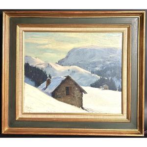 Hippolyte Mouthier 1880-1975 Large Oil Painting Chalet In The Snow In The Mountains 1930 Alps Grenoble