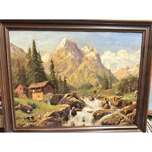 Louis Anatole Toussaint 1856-1919 Oil Mountain Landscape Alpine Animated Alps