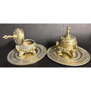 Pair Of 19th Century Covered Inkwells On Gilt Bronze Bases Decorated With Rams And Fleurs-de-lis