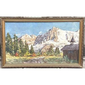 Lucien Quenard 1902-1995 Large Oil Painting Aiguille Des Houches Merlet Chamonix Valley Mont Blanc