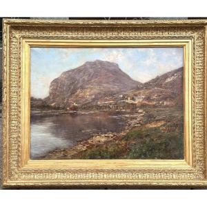 Charles Bertier Grenoble 1860-1924 Large Oil Painting Le Néron St Martin Le Vinoux Bord d'Isère Signed