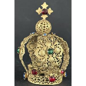 Small Crown Statue Of The Virgin Mary In Gilded Brass With Rhinestones