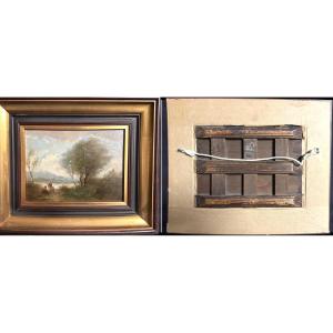 Camille Corot 1796-1875 Attributed Oil Signed Characters In A Landscape