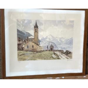 Joanny Drevet 1889-1969 Rare Aquatint Bramans En Maurienne Alpes Montagne
