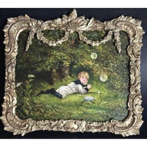 Late 19th-century Oil Painting Signed Cn England Young Boy Blowing Soap Bubbles 