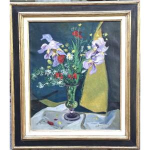 André Marchand 1907–1997 Large Oil Painting Flowers From The Galerie Sévigné In Vichy
