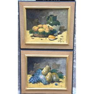 Constantin Le Roux 1850–1909 Pair Of Oil Paintings, Fruits, 19th Century
