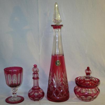Saint Louis 4 Pieces Crystal Carved Red Ruby Overlay Saint-louis St