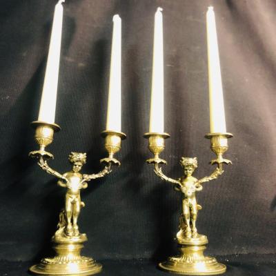 Pair Of Small Bougeoirs Nineteenth Attributed To Henry Dasson Gilded Bronze Young Faunas Putti