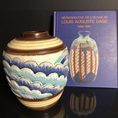 Louis Auguste Dage 1885-1961 Rare Art Deco Vase Decor Waves Embossed Blue Enamels