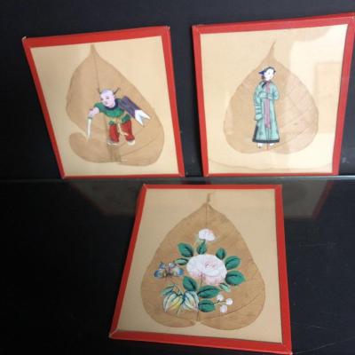 China Canton Nineteenth X3 Gouache Painting On Qing Tree Leaf 2/2