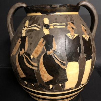 Jules Henriot Odetta Quimper Important Marines And Bigoudenes Vase, Double Sided Tbe Art Deco 1016