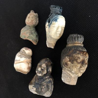 China 5 Heads Fragments Han Period In Terra-cotta Archeology Head Collection