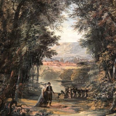 Large Watercolor XIXth Couple In A Park Roman Ruins In The Background