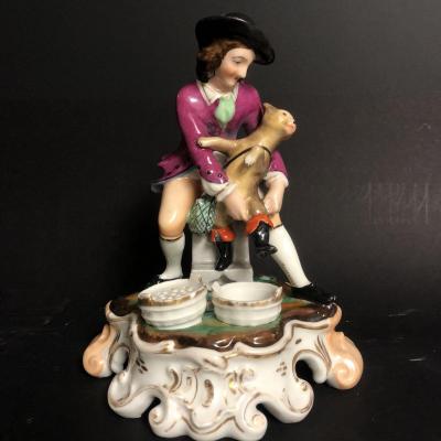 Rare Inkwell Nineteenth The Puss In Polychrome Porcelain Paris