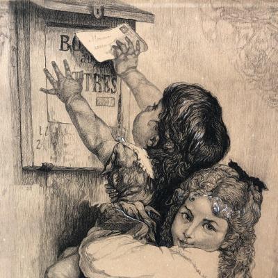 Alfred Hopp 19th Charcoal And Gouache From 1887: 2 Girls In The La Poste Letterbox