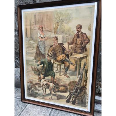Large Lithographic Poster XIXth Retour De Chasse Signed Lenfer And Camis Printer Hunter