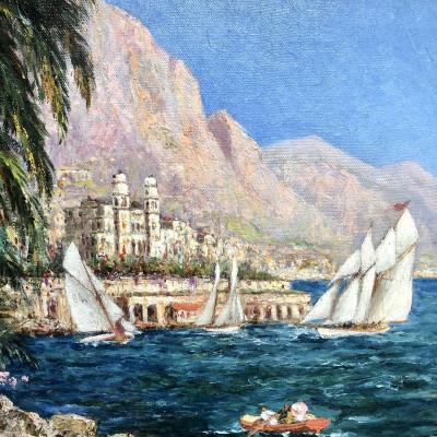 Charles Cousin 1904-1972 Large Oil Regattas In Monte-carlo Monaco Riviera Exhibition Medalist