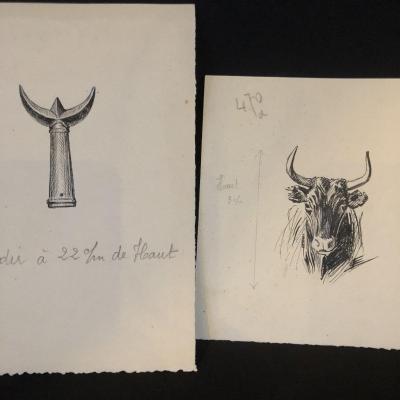 Eugène Leliepvre Drawings X2 In Ink Taurus Camarguais And Trident By Gardian Arles Camargue /a