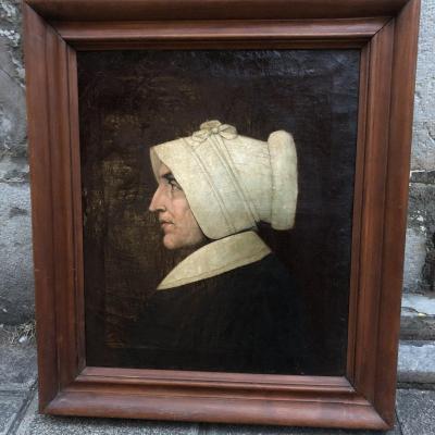 Large Oil On Canvas XIXth Woman With A Headdress Curiosity