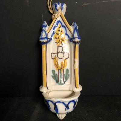 / 1 / Benitier Of 18th Century Earthenware Wall Lamp Auxerre Polychrome Font