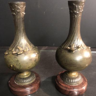 Auguste Moreau 1834-1917 Pair Of Signed 19th Century Vases With Bird And Insect Decor