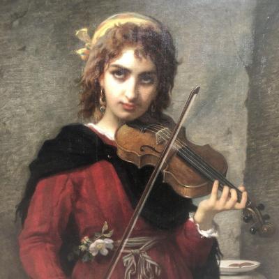 Jules Salles Wagner Nîmes 1814-1898 Importante Huile The Young Violinist 128 X 106 Cm Framed