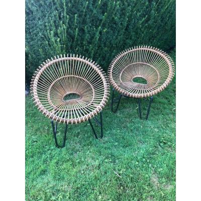 Franco Albini (1905-1977) In The Style Of Pair Of Armchairs In Rattan And Black Metal 1960