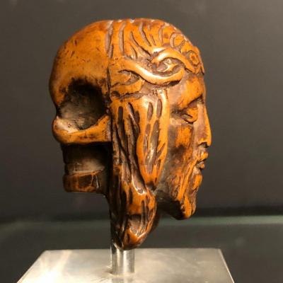 Rare Memento Mori XVII Double-sided Head Of Christ And Skull In Boxwood Two-headed Base