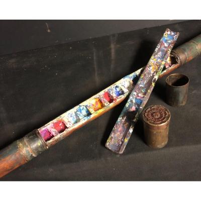China Late 19th Century Rare Cane With Watercolor Painter System Bamboo Shaft
