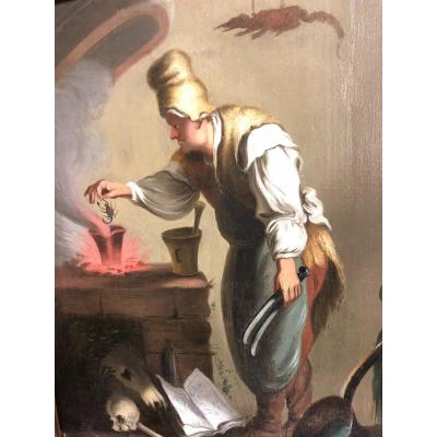 XIXth Oil Cabinet Of Curiosities Potion Of Sorcerer With Scorpion Curiosity Memento Mori Skull